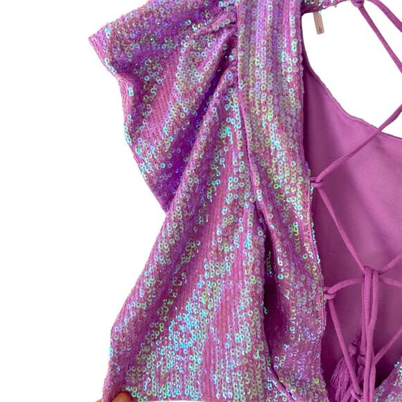 Free People The Miami Moon Sequin Backless tie Lavender Top NWTs Large - Picture 5 of 9